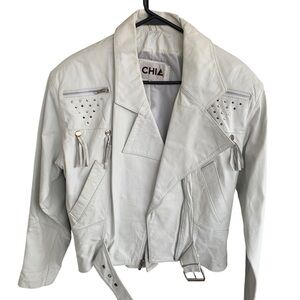 Vintage 80s Chia Moto Embellished Fringe Rocker Coat white Leather Jacket Large
